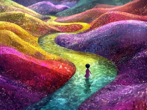 Whimsical Path: Girl Walking Through Vibrant Colorful Hills and Twisting Stream in Fantasy Landscape