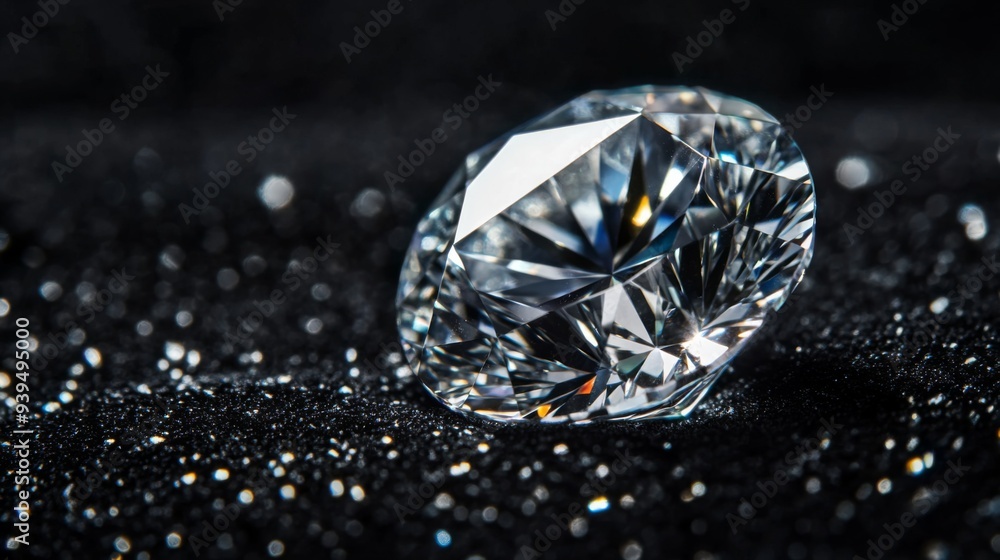 Poster Macro image of a diamond on black velvet, emphasizing its sharp edges and flawless surface