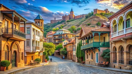 Fototapeta premium Stunning street view of Tbilisi, Georgia with traditional architecture , Tbilisi, Georgia, street view