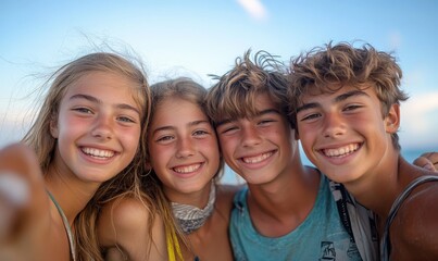 Fototapeta premium A group of four young individuals possibly siblings smiling for a selfie with one person holding the camera showing a sense of camaraderie and joy, Generative AI