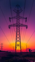 Fototapeta premium Majestic sunset over high voltage transmission lines and substation in a serene landscape