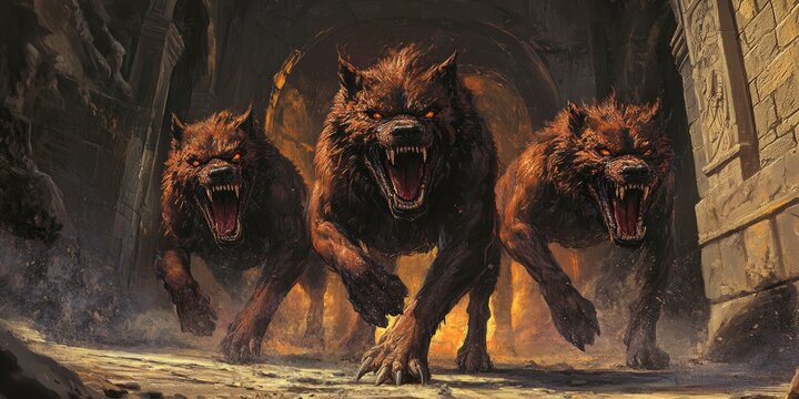 Three snarling wolves emerge from stone archway.