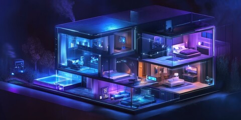 Obraz premium Modern house interior with neon lights.