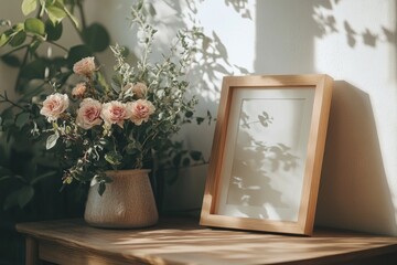 Elegant Home Decor Highlighting a Wooden Photo Frame Adorned with Fresh Flowers and Leaves, Graphic Resources, Wallpapers, Brochure, Advertising,