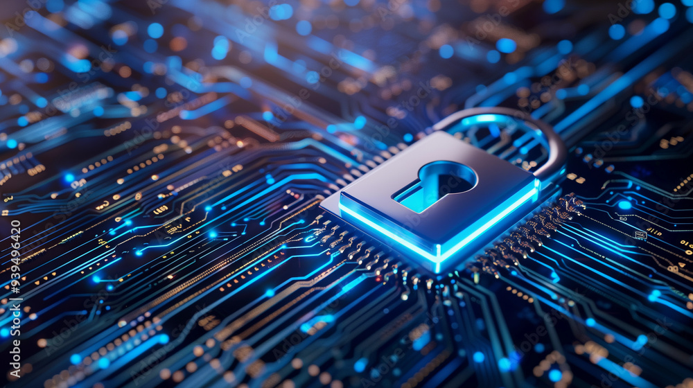 Poster horizontal lock with blue light on an electronic circuit. cyber security data protection business pr