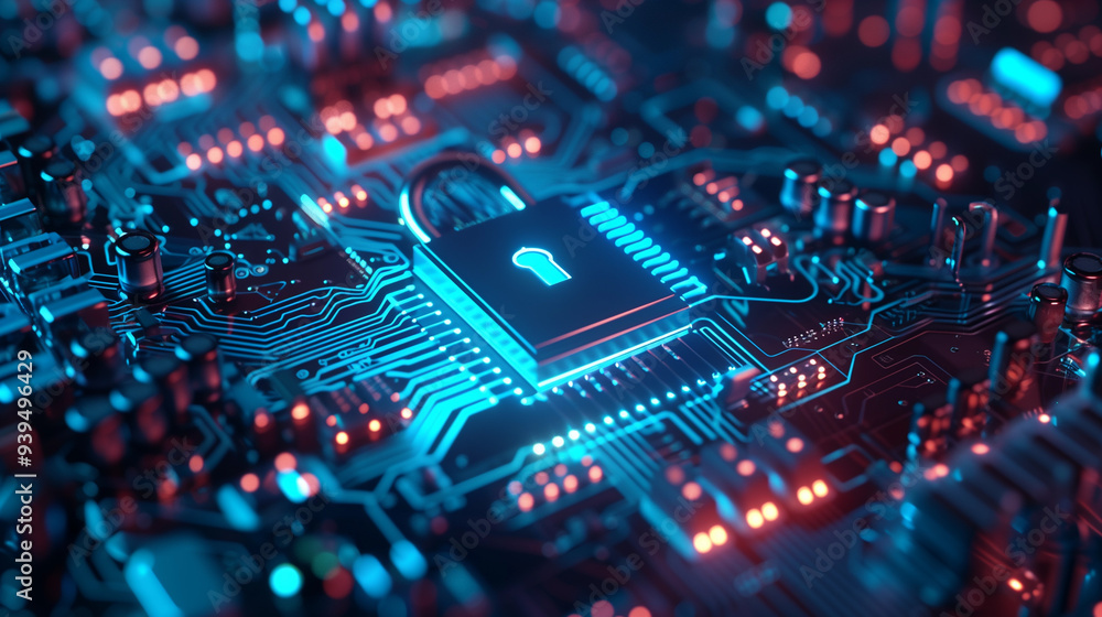 Poster horizontal lock with blue light on an electronic circuit. cyber security data protection business pr