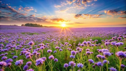 Obraz premium Beautiful sunrise over a blossoming spring meadow with purple Phacelia flowers , rural landscape, panorama, sunrise
