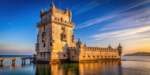 Fototapeta premium Majestic Belem Tower standing tall on the banks of the Tagus River in Lisbon, Portugal, Lisbon, Portugal