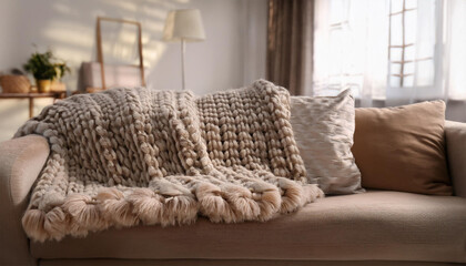Earth Tone Handwoven Throw Draped Over a Sofa.