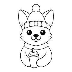 Playful Corgi in Winter Hat Holding a Drink, coloring page for kids