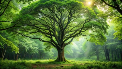 Naklejka premium Lush green tree in a dense forest setting, forest, nature, foliage, wilderness, green, environment, natural, growth, flora