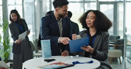 Clipboard, conference and business people with registration in office for corporate finance tradeshow. Handshake, guest list and admin assistant with financial advisor for signing up at convention.