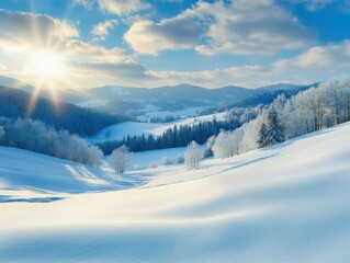 Obraz premium Winter landscape with snow-covered hills and bright sun in serene valley