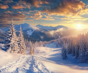 Serene winter landscape at sunrise with snow-covered mountains and trees