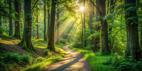 A winding trail in a lush forest setting with dappled sunlight filtering through the trees, trail, path, forest, nature