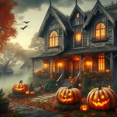 Old house with Halloween pumpkins in the garden