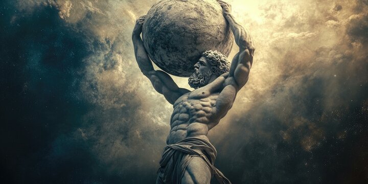 A muscular statue holds a globe in the sky.