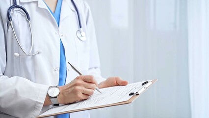 Female doctor taking notes on clipboard. Close-up of a unrecognizable female professional writing...