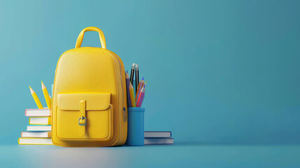  Yellow backpack with books and school stuff , colored pen and pencils on blue background. Copy space, place for text. Back to school concept. Generative AI.