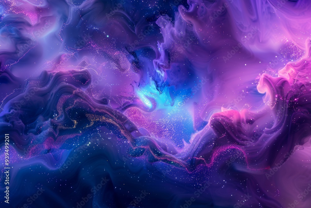 Wall mural A cosmic and celestial artwork featuring swirling purple, blue, and pink hues, portraying galactic formations and starry elements in space.