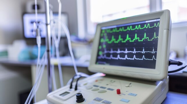 photograph of An electrocardiogram (EKG) machine with a clear display of heart waves is located in a quiet clinic.