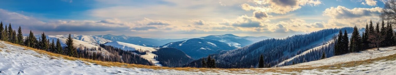 Snow-covered mountain landscape with tall trees under a bright winter sky