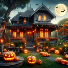 Old house with Halloween pumpkins in the garden