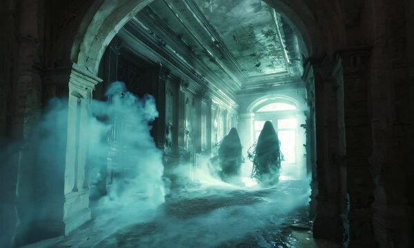 Mysterious phantoms linger in an abandoned corridor at dusk