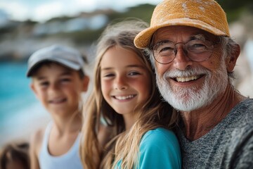 Obraz premium Portrait, love and family on beach, quality time and happiness with joy, cheerful and adventure. Face, happy grandparents and mother with father, siblings and children on seaside holiday,Generative AI