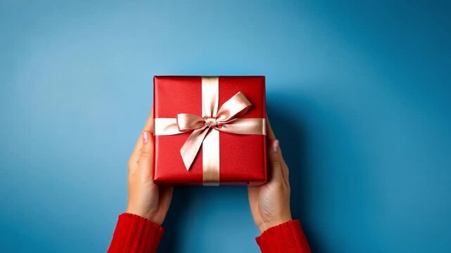 Video of a person hands holds a present over blue background