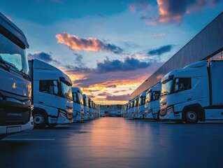 Trucks lined up at a transportation yard during sunset in the evening
