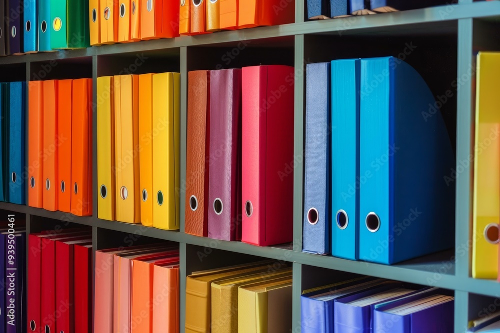 Poster close up of a shelf with many colorful ring binders standing in a row