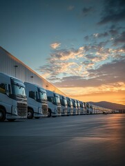 Trucks lined up at a distribution center during sunset in the evening sky