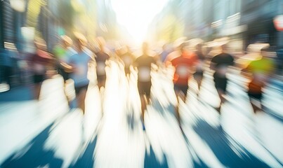 A blurred image of runners in a marathon, with the sun shining in the background.