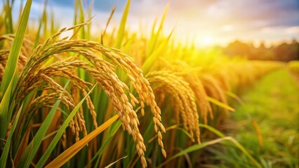 Cereal rice fields with ripe spikes , agriculture, harvest, rice paddies, growth, farm, rural, landscape, nature, crop, grain