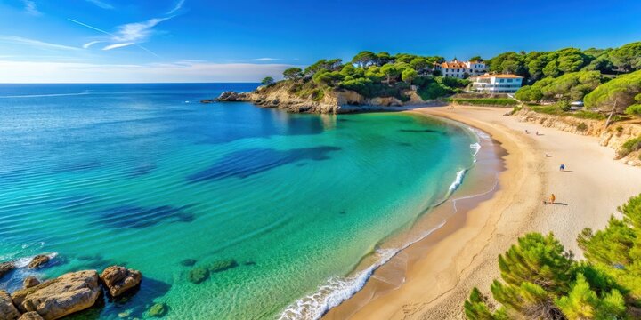 Scenic view of Platja de Tamarit beach in Altafulla, Tarragona with clear blue waters and white sand, beach, Tamarit