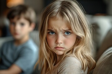 Upset little girl feeling sad after fight with brother sitting on sofa with worried parents on background, sulky frustrated sister ignoring child boy disinterested or bored, siblings, Generative AI