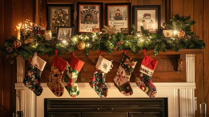 Photo of a beautifully decorated shelf with socks hanging from it. and a garland of pine branches and fairy lights
