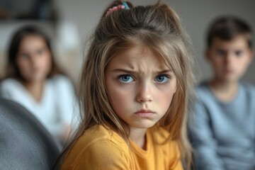 Upset little girl feeling sad after fight with brother sitting on sofa with worried parents on background, sulky frustrated sister ignoring child boy disinterested or bored, siblings, Generative AI