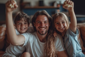 baseball game and living room with cheer, popcorn and happy with sports for bonding. Childhood, memories and team victory with smile, celebration and arms raised with siblings in, Generative AI