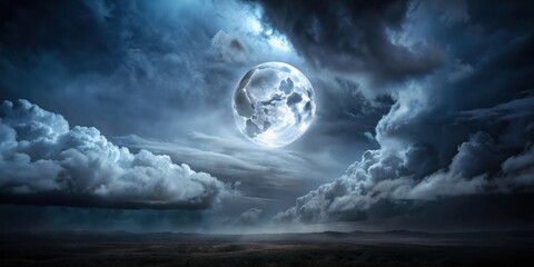 Dark, eerie night landscape with ominous full moon peeking through stormy clouds , horror, night, landscape, full moon, clouds