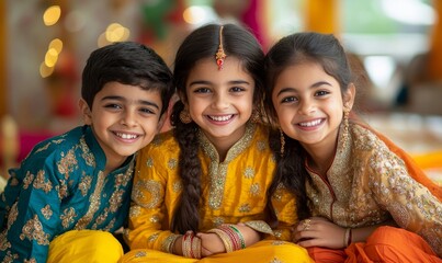Joyful Siblings in Traditional Indian Attire, Three happy siblings share a playful moment, their traditional Indian attire adding vibrant color to a festive, Generative AI