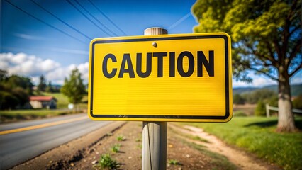 Obraz premium Caution sign on the road, yellow sign