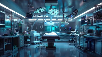 Photo of a clean, modern operating room with an operating table in the middle. Surrounded by modern medical equipment