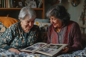 photo album and senior women on a bed with memory, photograph or bonding in nursing home. Family, conversation and elderly siblings in bedroom with nostalgia, remember or history, Generative AI