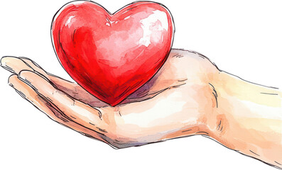 A hand gently holds a vibrant red heart, symbolizing love and care in a warm, artistic representation.