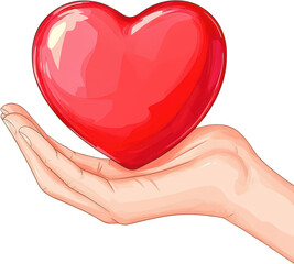 A hand holding a shiny red heart symbolizing love, compassion, and care in a simple yet impactful design.