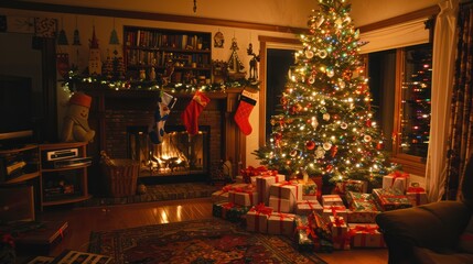 The living room is decorated with a beautifully lit Christmas tree. Surrounded by gifts wrapped in holiday paper.