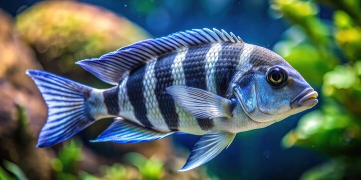 A close up image of a beautiful frontosa fish swimming in a freshwater aquarium , frontosa, fish, aquarium, freshwater, swimming