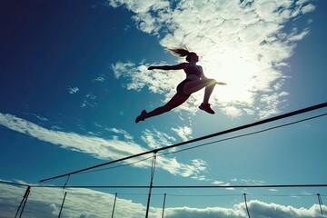 High jump, woman and fitness with exercise, sport and athlete in a competition outdoor. Jumping, workout and training for performance with action, energy and contest with female person and athletics